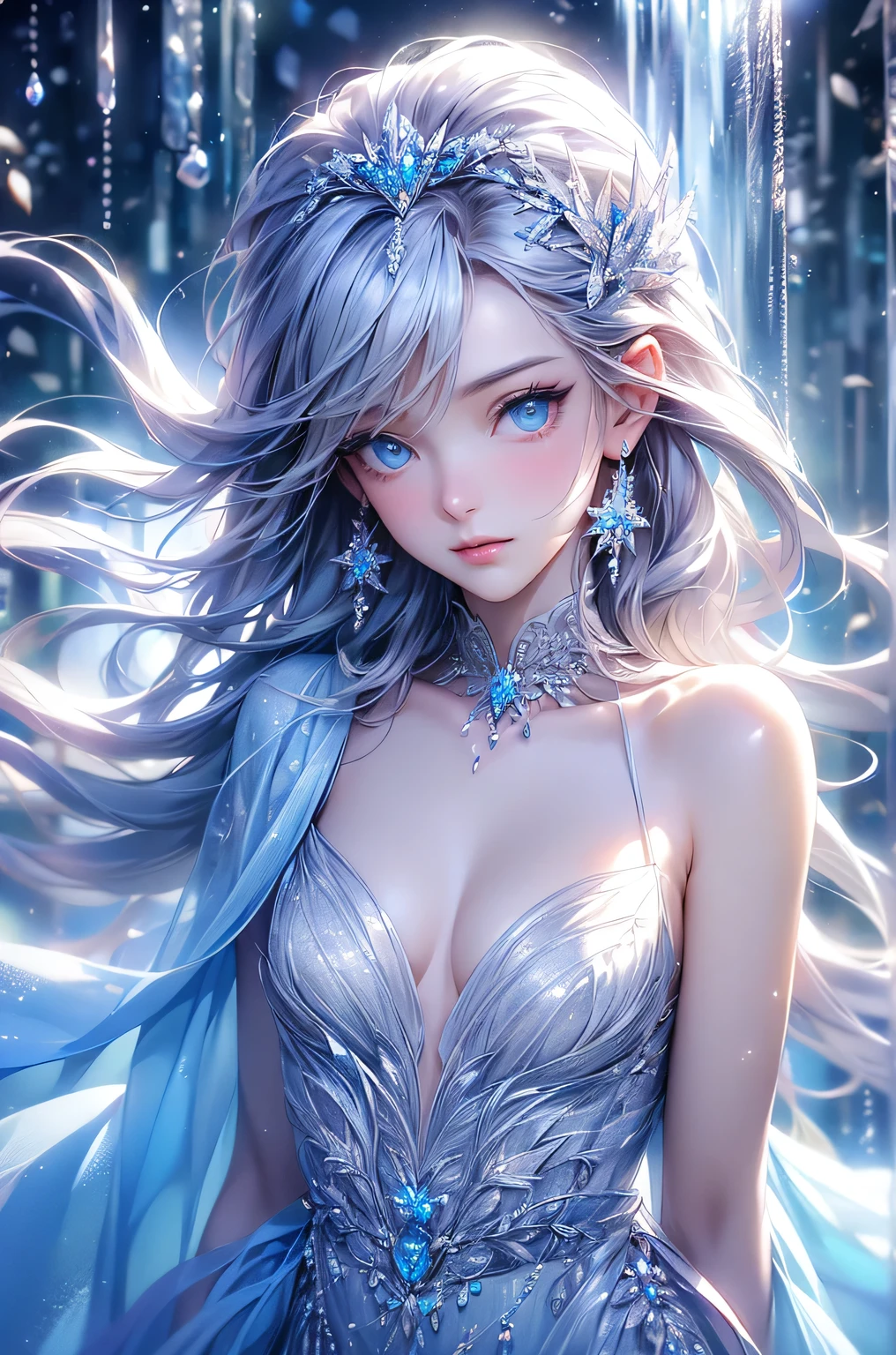 (Upper body photo:1.5)、dutch angle. wood, Exquisite mini ice spikes and crystals, A frozen waterfall in the background, Light reflected by ice crystals, Flowing snowflakes.1 girl、pretty girl,A realistic person,Beautiful cleavage,((small breasts)),Thin legs、Tight waist、standing, Long dress
