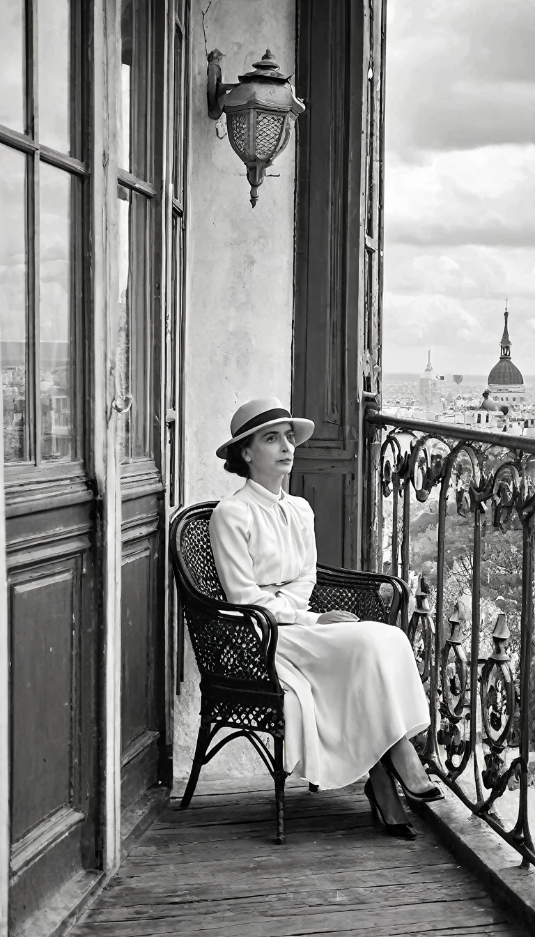 A modestly dressed woman sits in a chair on the veranda and looks at the Place Montmartre