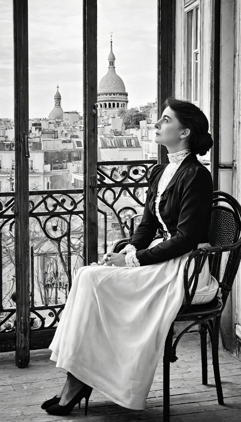 A modestly dressed woman sits in a chair on the veranda and looks at the Place Montmartre