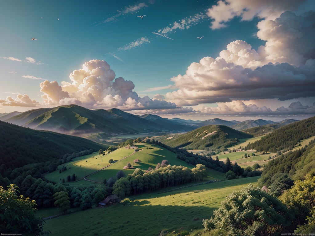 a painting of a mountain landscape with clouds and trees, optimistic matte painting, ross tran. scenic background, dreamy matte painting, made of tree and fantasy valley, by Alexander Kucharsky, illustration matte painting, studio ghibli sky, studio ghibli landscape, beautiful oil matte painting, 4k hd matte digital painting, studio ghibli sunlight, cosmic skies. by makoto shinkai Add the heavenly gate in the middle, yellow birds and animals flying to the sky, making the entire picture more realistic, greener trees, and a heavenly landscape.