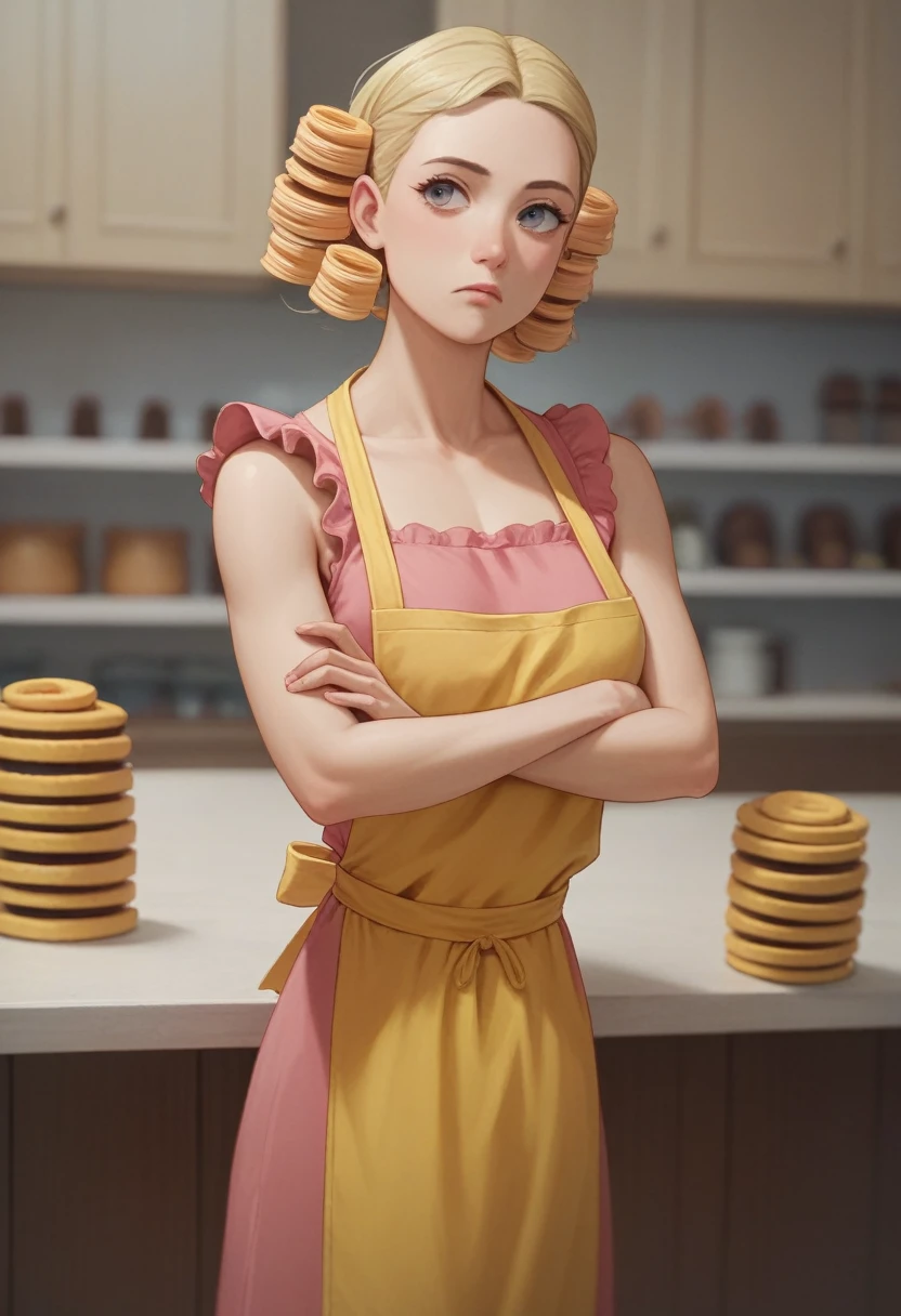 woman, slim, pink dress, yellow apron, Doña Florinda from El Chavo Del 8, crossed arms, blonde, curlers on hair, 3d