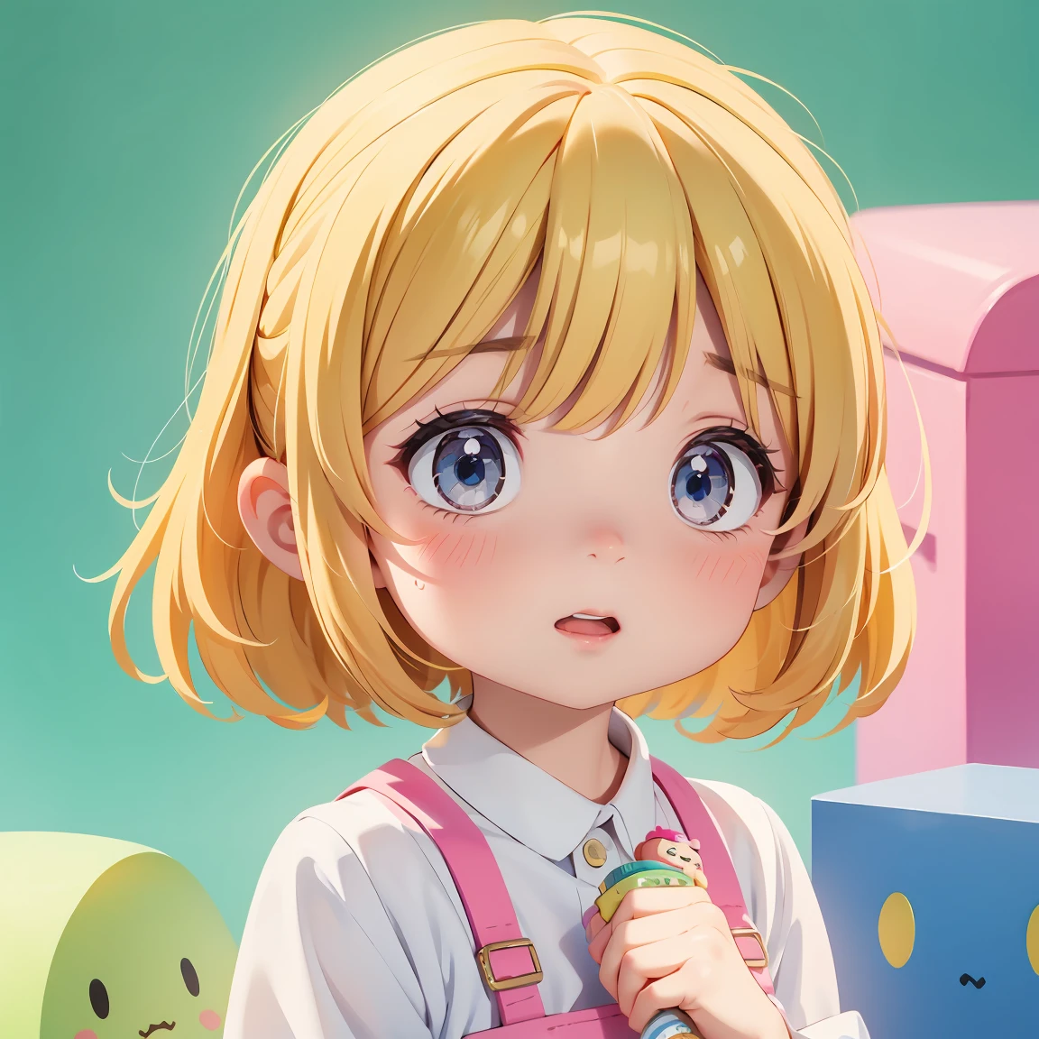  Super Chibi Character：1.8、wearing cute sandals、All-over simple and light color background：1.8、Blonde Hair、Cute 7 year old girl、Random cute outfits、Super Chibi Character：1.8、Sandals with ribbon、A very surprised face with his mouth wide open：1.8、A very surprised face with his mouth wide open：1.8