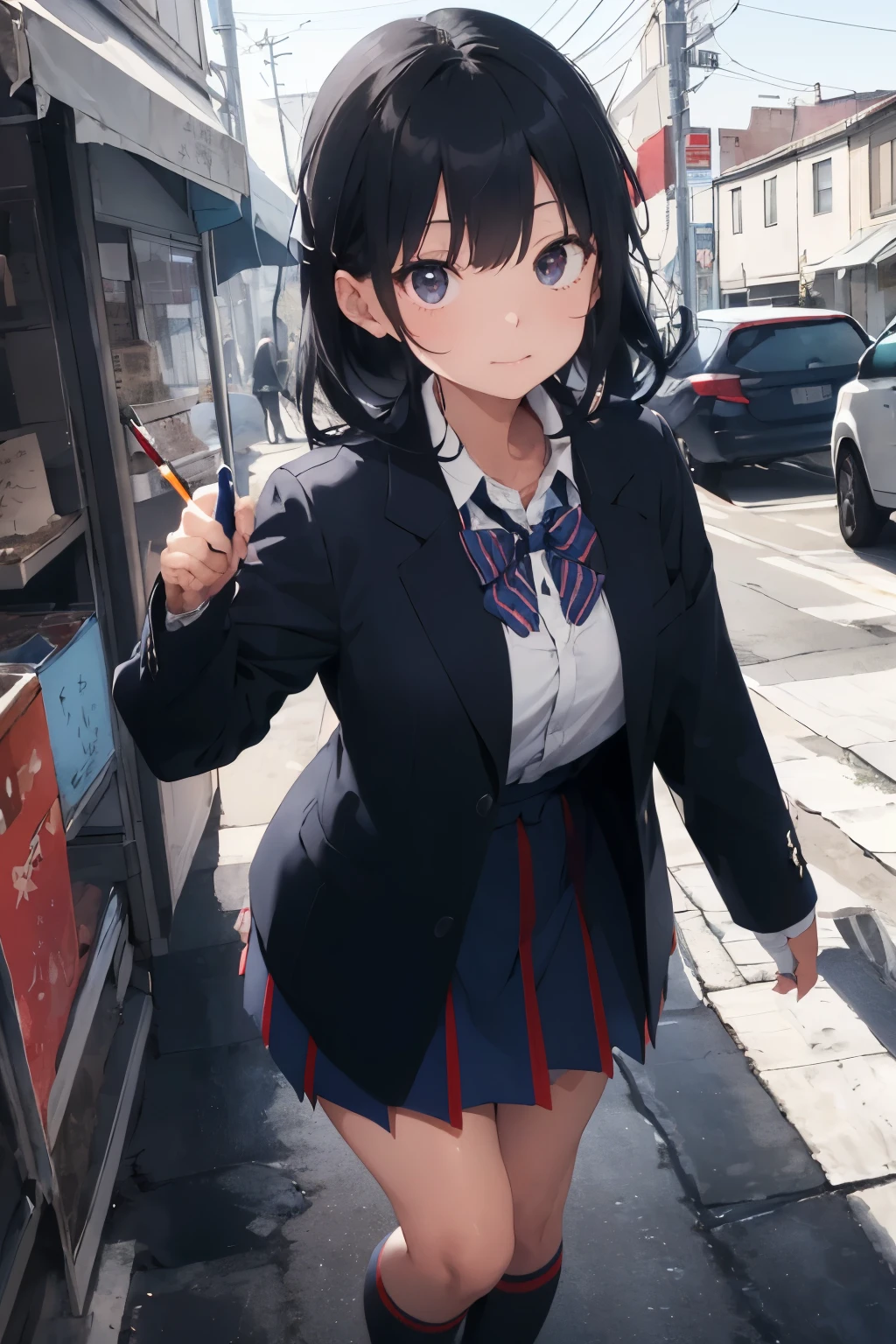 1girl, black eyes, long black hair, coat blue blazer (worn in winter) & nametag " Safitori Yakobayashi ", white shirt (sleeve length depends on the season), red-blue navy striped bow tie, red-blue navy striped skirt, black stockings, black shoes, paper and pen.