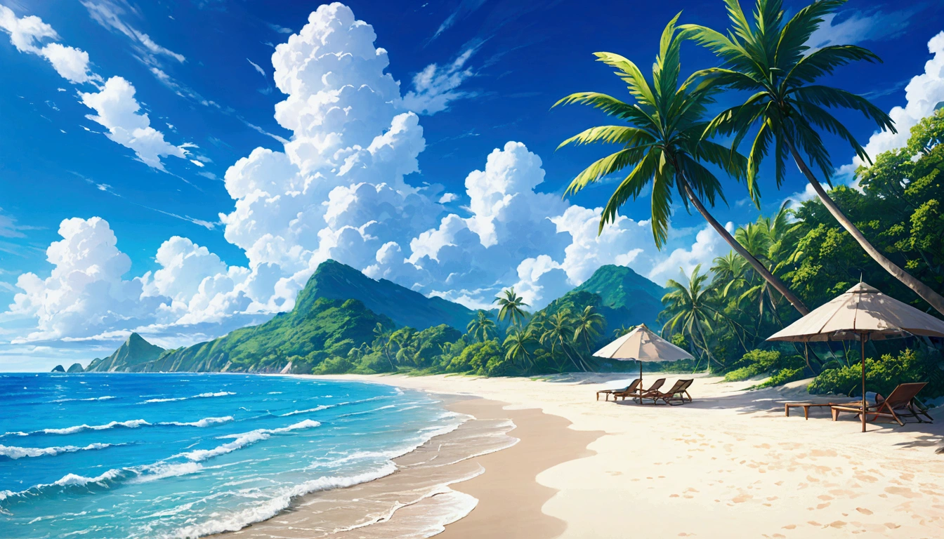 Tropical Beach,Summer Clouds,Daytime,Highest quality, 8k, High resolution, masterpiece:1.2, Very detailed, Realistic:1.37, High resolution, 超High resolution, Very detailed, Professional, Vibrant colors