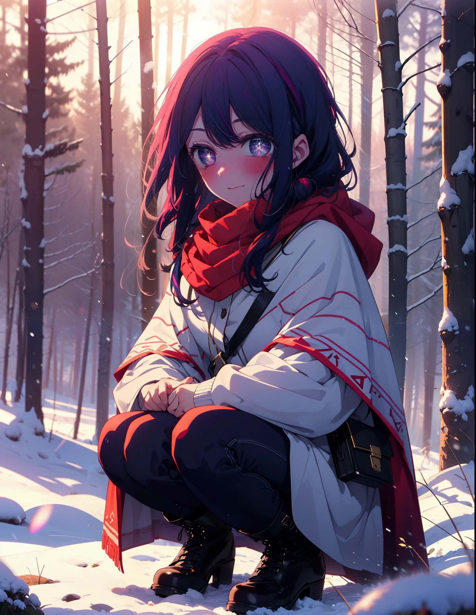 aihoshino, Ai Hoshino, Long Hair, bangs, (Purple eyes:1.1), Purple Hair, (Symbol-shaped pupil:1.5), smile,,smile,blush,white breath,
Open your mouth,snow,Ground bonfire, Outdoor, boots, snowing, From the side, wood, suitcase, Cape, Blurred, , forest, White handbag, nature, Squat, Mouth closed, Cape, winter, Written boundary depth, Black shoes, red Cape break looking at viewer, Upper Body, whole body, break Outdoor, forest, nature, break (masterpiece:1.2), Highest quality, High resolution, unity 8k wallpaper, (shape:0.8), (Beautiful and beautiful eyes:1.6), Highly detailed face, Perfect lighting, Extremely detailed CG, (Perfect hands, Perfect Anatomy),
