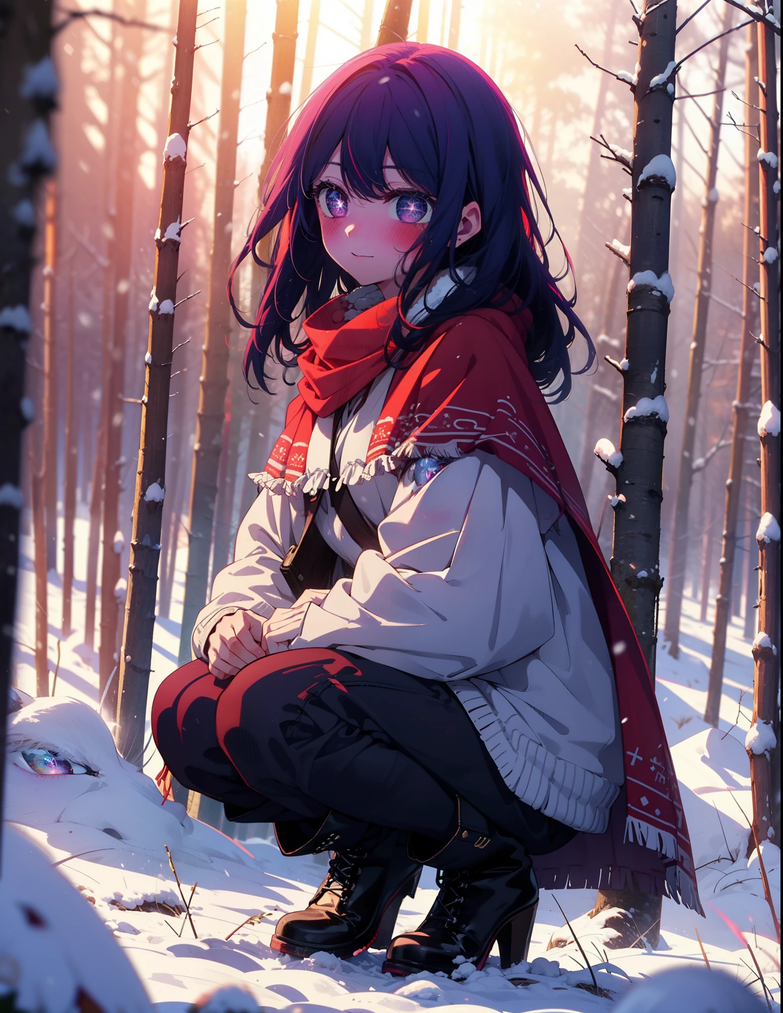 aihoshino, Ai Hoshino, Long Hair, bangs, (Purple eyes:1.1), Purple Hair, (Symbol-shaped pupil:1.5), smile,,smile,blush,white breath,
Open your mouth,snow,Ground bonfire, Outdoor, boots, snowing, From the side, wood, suitcase, Cape, Blurred, , forest, White handbag, nature, Squat, Mouth closed, Cape, winter, Written boundary depth, Black shoes, red Cape break looking at viewer, Upper Body, whole body, break Outdoor, forest, nature, break (masterpiece:1.2), Highest quality, High resolution, unity 8k wallpaper, (shape:0.8), (Beautiful and beautiful eyes:1.6), Highly detailed face, Perfect lighting, Extremely detailed CG, (Perfect hands, Perfect Anatomy),
