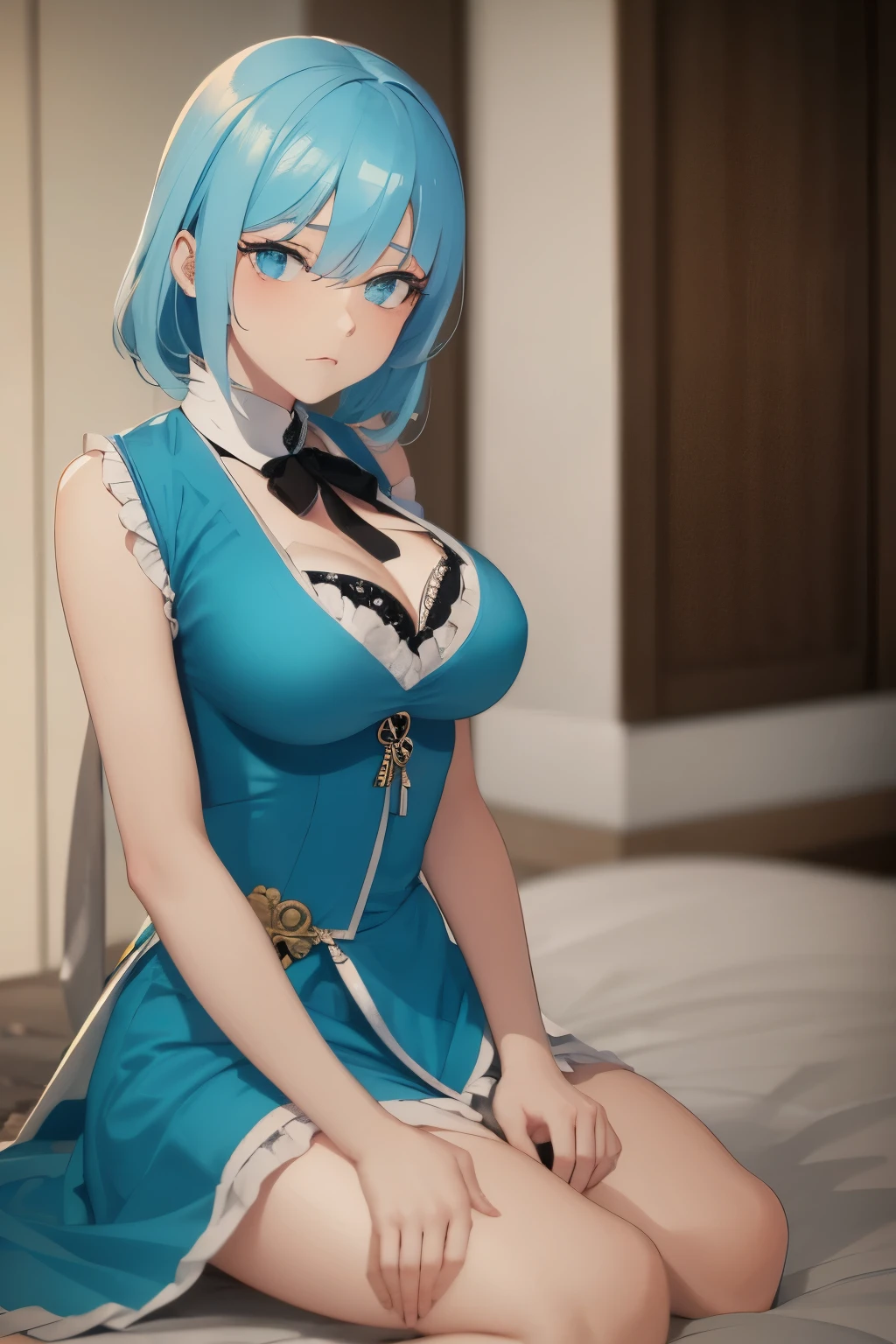 Light blue hair, courtesan clothes, sad expression