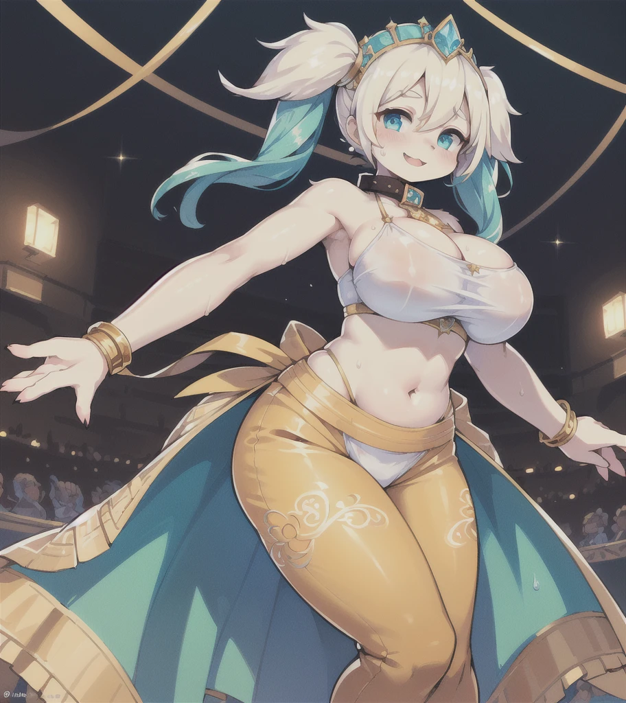 Highest quality, 8k, (One Girl:1.3, Full body portrait),(((Big Breasts:1.1))), (Colorful illustration:1.4), (masterpiece, Highest quality, Official Art), ((Very delicate and beautiful)), ((Gorgeous dancing girl costume、Gold embroidery, Face Veil, See-through harem pants)), ((Smiling dancing girl)), ((Stand on a circular stage)) , (Sweat flying), (Sexy and dynamic dance), ((Male crowd cheering in the background)), Tavern, (Shining jewels on the waist and chest, bracelet, Decorative collar), ((Twin tails)),