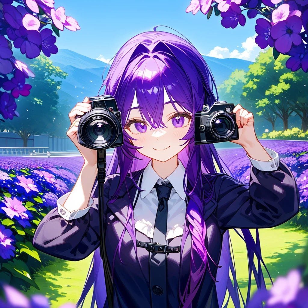 A solo women, With long purple hair, holding a camera, in a violet garden , bust up!!!! Smile