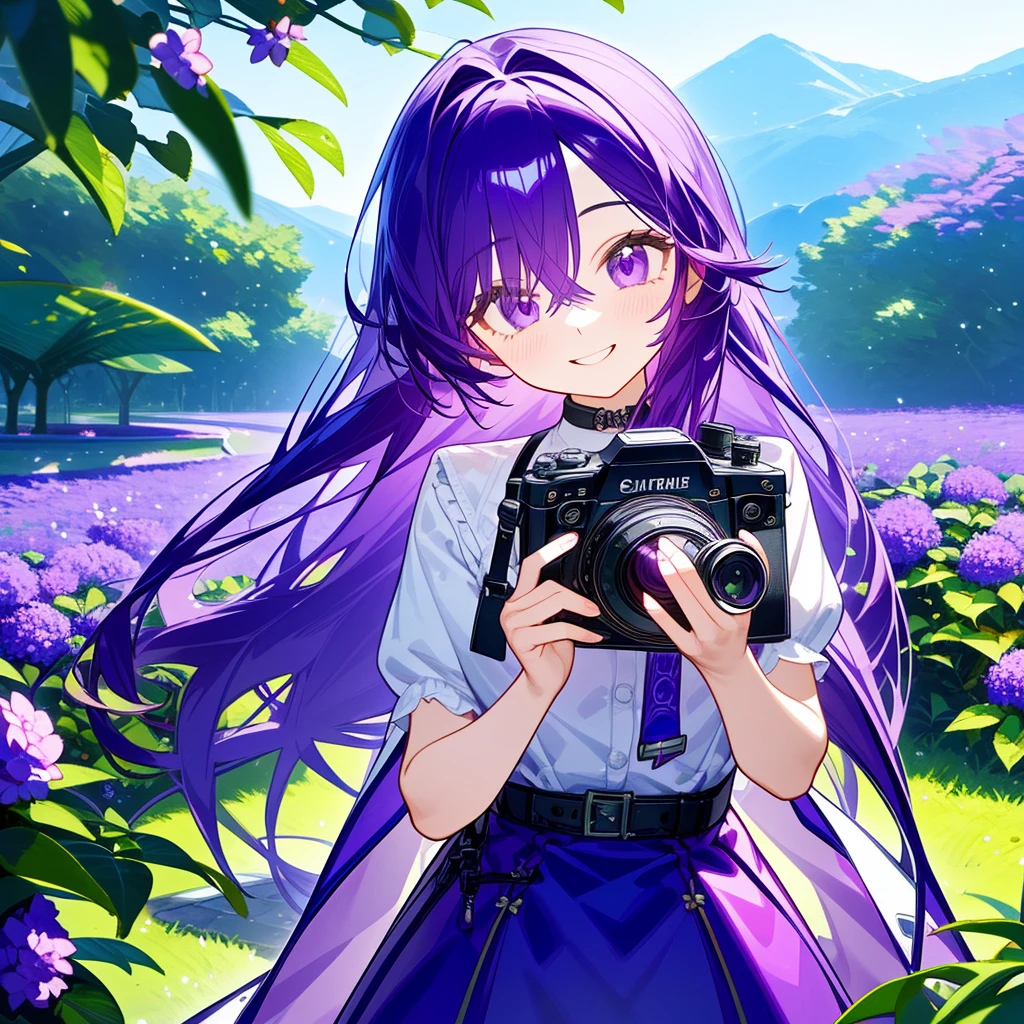 A solo women, With long purple hair, holding a camera, in a violet garden , bust up!!!! Smile