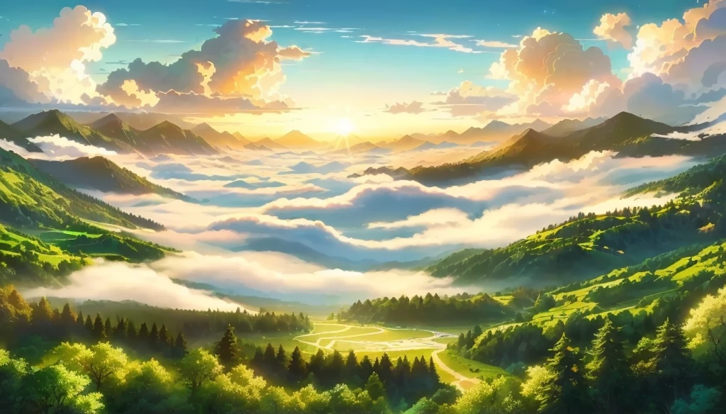mountains with clouds and trees in the foreground and a sun setting, made of tree and fantasy valley, anime nature, anime countryside landscape, anime landscape wallpaper, anime landscape, studio ghibli sunlight, beautifull puffy clouds. anime, beautiful anime scenery, anime beautiful peace scene, anime background art, anime clouds, studio ghibli sky, anime scenery, ross tran. scenic background Add the heavenly gate in the middle, yellow birds and animals flying to the sky, making the entire picture more realistic, greener trees, and a heavenly landscape.
