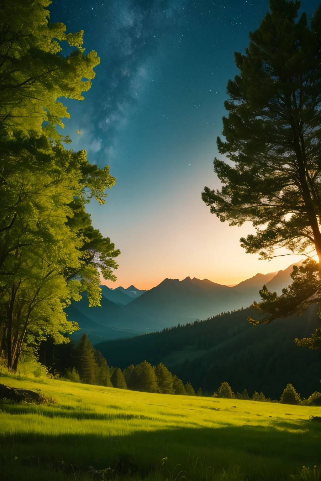 dense and lush green forest, red fox lying, clear sky, dawn 5:00 am, mountains, starry sky, fotogenico
