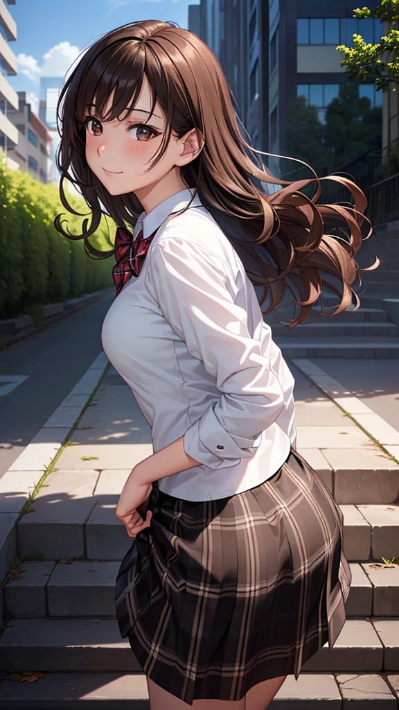 ((mesa, Best Quality, High resolution, NffSW, pixel perfect, 4k, NffSW, NffSW))), 1 girl in, single, Alone, beauty、full body seen、 ((Medium Wavy Hair, hits, Brown hair)), ((Brown Eyed, Beautiful eyelashes, realistic eyes)), ((detailed face, blush:1.2)), ((Smooth texture:0.75, realistic texture:0.65, photorealistic:1.1, cg anime style)), medium breasts, dynamic angle, perfect body, ((red bow tie, , , White shirt, black skirt, plaid skirts)), city staircase、Looking up from the bottom of the stairs.、Very embarrassing panic smile., turned around、bending forward、(The wind blew up my skirt and exposed my butt....................、Touch the buttocks with both hands.、Black lace panties)、