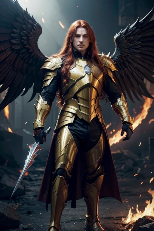 (archangel), man, strong, red-haired, long hair,  wearing a golden armor with black details, he has pure fire wings, 8k, epic lighting, photorealistic, best quality