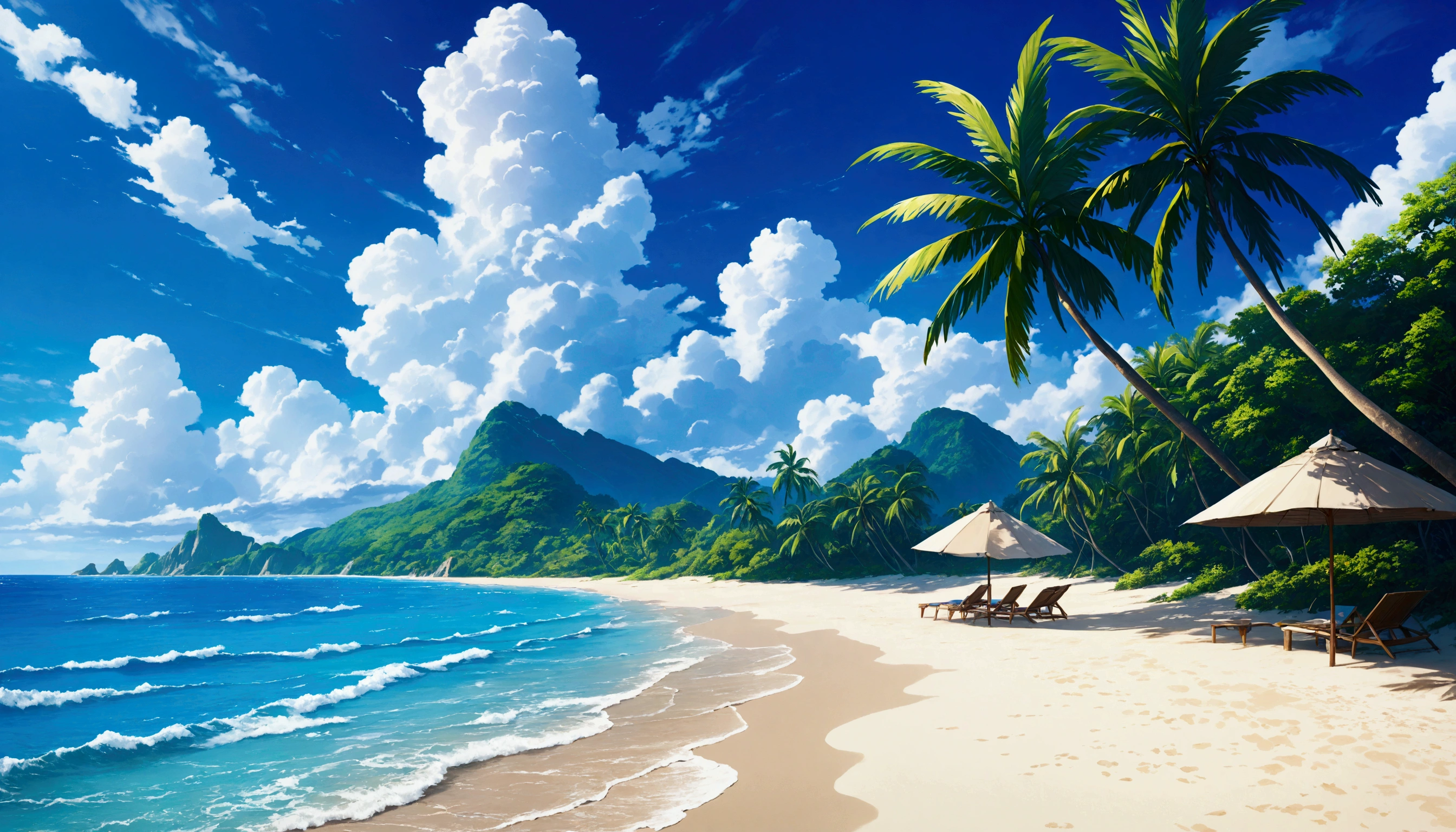Tropical Beach,Summer Clouds,Daytime,Highest quality, 8k, High resolution, masterpiece:1.2, Very detailed, Realistic:1.37, High resolution, 超High resolution, Very detailed, Professional, Vibrant colors