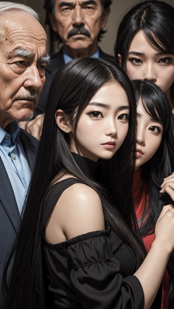 gorgeous 19 y.o. girl,gorgeous girl, score_9,score_8_up,score_7_up,source_anime,masterpiece,best quality, LONG HAIR WOMAN,make up, opened eyes, black eyes,olds man,(4 old man),(surrounded by old man, 3 olds man), group photo,long dress,beauty woman,korean face woman