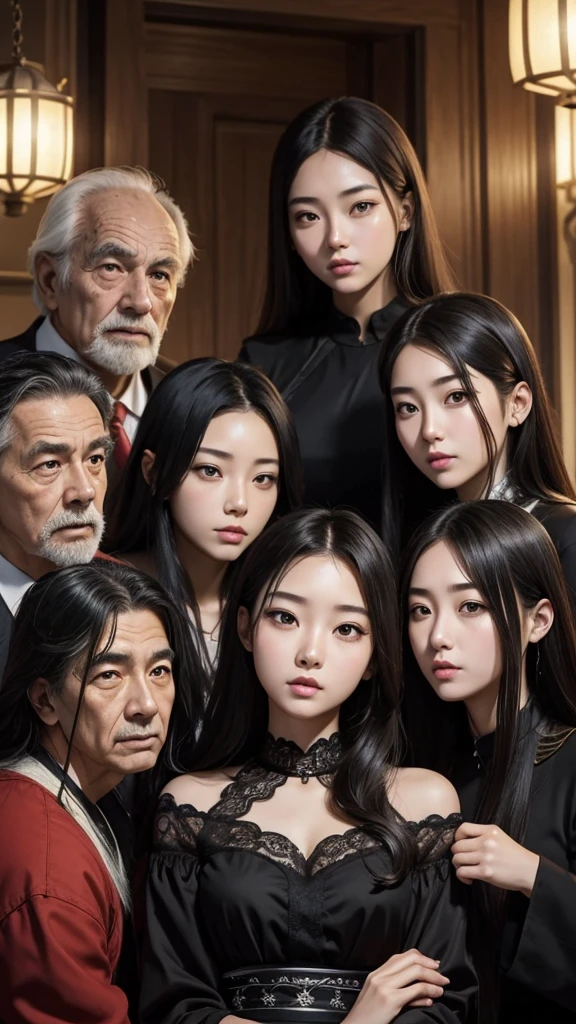 gorgeous 19 y.o. girl,gorgeous girl, score_9,score_8_up,score_7_up,source_anime,masterpiece,best quality, LONG HAIR WOMAN,make up, opened eyes, black eyes,olds man,(4 old man),(surrounded by old man, 3 olds man), group photo,long dress,beauty woman,korean face woman
