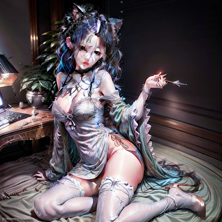 In the game, ninjas are divided into 5 levels,Each level has its own associated attributes,During battles, players can upgrade their levels in relevant ways,But many friends don't know how to operate,Then the following editor will share with players the ninja star ascension method,For details, please click on the link below。a close up of a anime cat girl streaming on the computers looking back eating a snack, anime moe artstyle, ahegao, long gray teal hair, curly hair, brown ayes, anime style 4 k, nightcore, official artwork, top rated on pixiv, anime wallaper, mikudayo, , pixiv, popular on pixiv, anime! 4 k, anime! 4k, high quality anime artstyle, white dress, white pajamas, pink bedroom, bed full of plushies, background, pink gaming chair, calm atmosphere(small young girl full body)、a baby face、Very cute、slim and beautiful、((small :1.2))、The eyes are well drawn、charming eyes、double tail、Wear jewelry and pearls around your neck,Transparent openwork、Deep V、crystal pearl、在Wear jewelry and pearls around your neck,white hair, Showing thighs, bare shoulders, showing clavicle, Yao Liu, barefoot,((whole body))、painful postureAnime that wears black and white clothes, and wear arm warmers, wears a spiked necklace around his neck, Messy buns have black hair, like the characters in roblox, and has pink eyes and a gray background