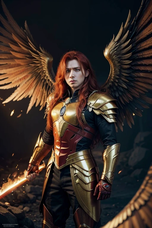 ((fire wings)) (archangel), man, strong, red-haired, long hair, wearing a golden armor with black details, 8k, epic lighting, photorealistic, best quality