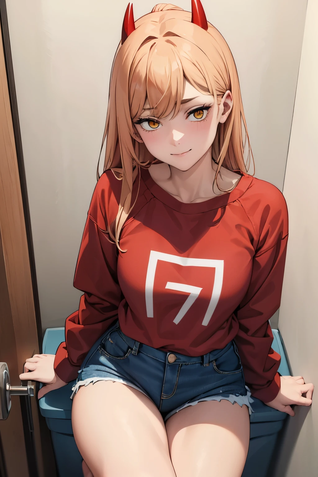 Power, beutiful and detailed eyes,confident sitting on toilet in bathroom, contrapposto angle, red sweatshirt "76.1", tight blue denim shorts, long blond hair, red horns, slight smile, dominant posture, perfect proportions,yellow eyes, 4K masterpiece quality.