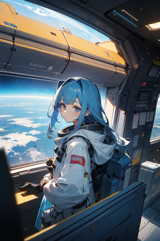 A girl around 13 years old、She is dressed in a slightly mature but active style. She has medium-long ash blue hair and beautiful jade-colored almond eyes. She is about 125cm tall.、In the lobby of the spaceport, a transit port to outer space, there is a check-in counter in the far right and a planet can be seen beyond the window on the left. I wonder if I'm going on a trip now. I'm standing there looking out the window, pulling a cart.