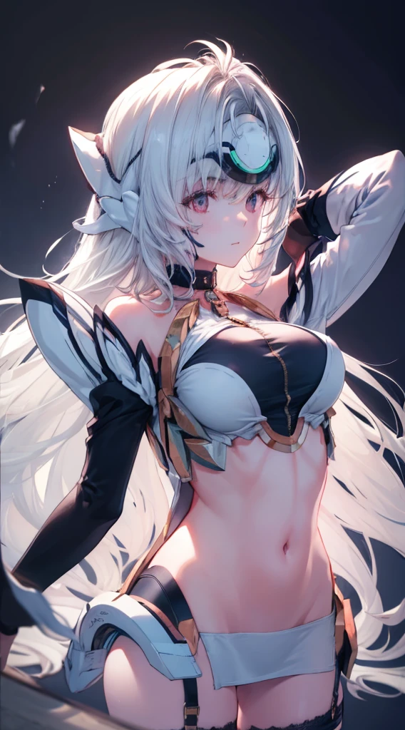 (((Masterpiece))), (portrait), diffused light, dynamic shadows, sharp focus, realistic, detailed, highres, absurdres, anatomically correct, seductive face, white background, torn clothes, looking to the side, black choker, belly button, medium breast
