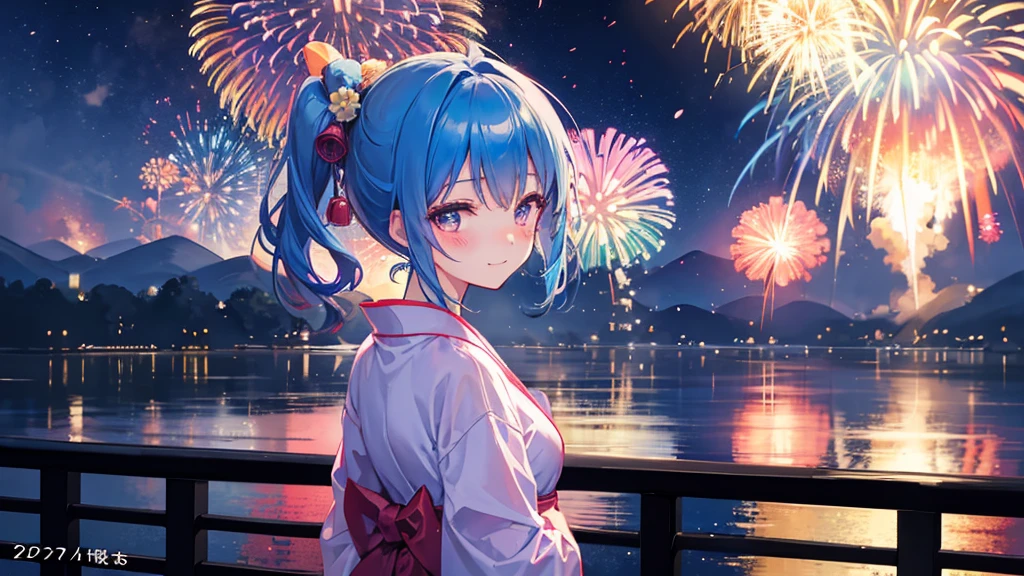 yukata, Scenery of the fireworks display, 1 girl, Bright blue hair, calm expression, right in front、、There are a lot of stalls、(blush:1.2)、smirk、(backlighting:1.4)、(Fantasy:1.2)