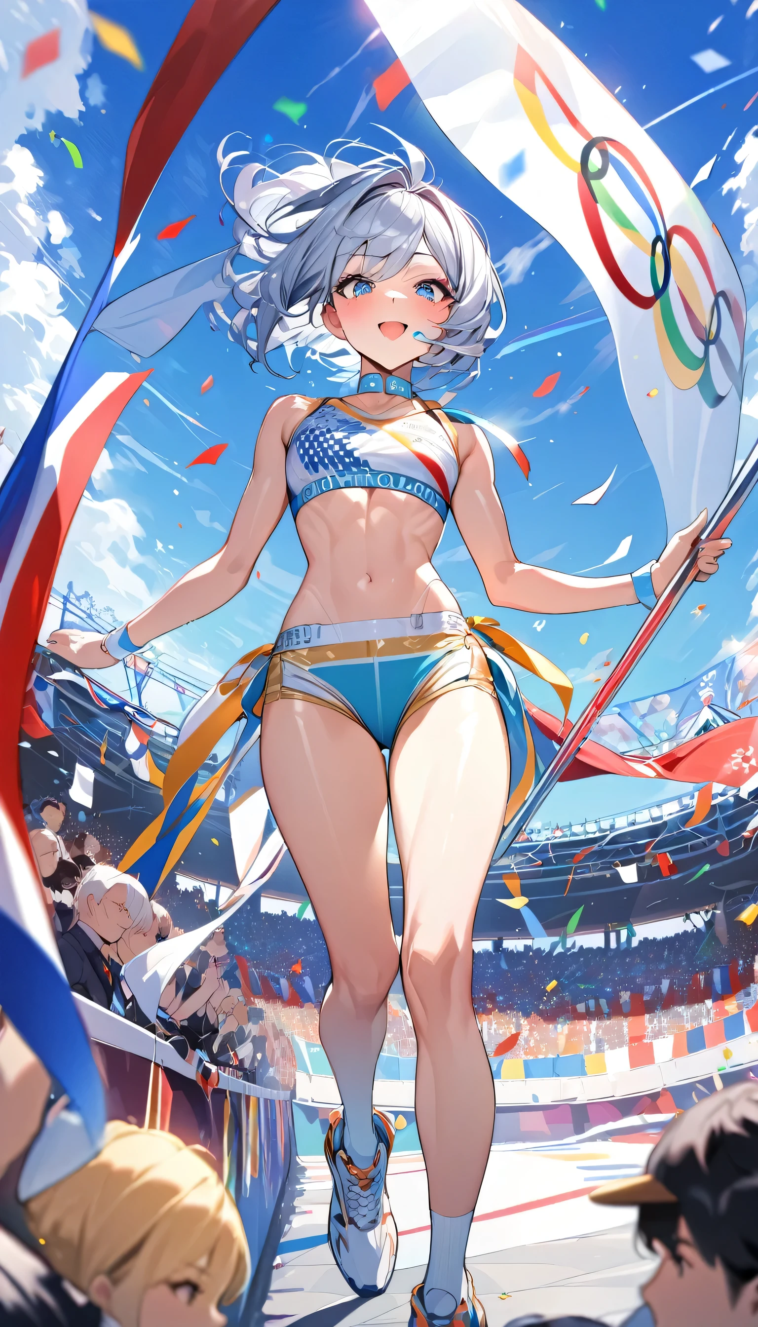 best quality, Good quality, 16K, Unbelievably ridiculous, Very detailed, 2.5D, Delicate and dynamic, Blue sky, Colorful contrails, Confetti, Olympic flag, crowd, audience, athlete&#39; Admission, Opening ceremony, A lot of people々, gentlemen.々Race, gentlemen.々age, men and women, gentlemen.々nationality, Many flags, Lighting the flame