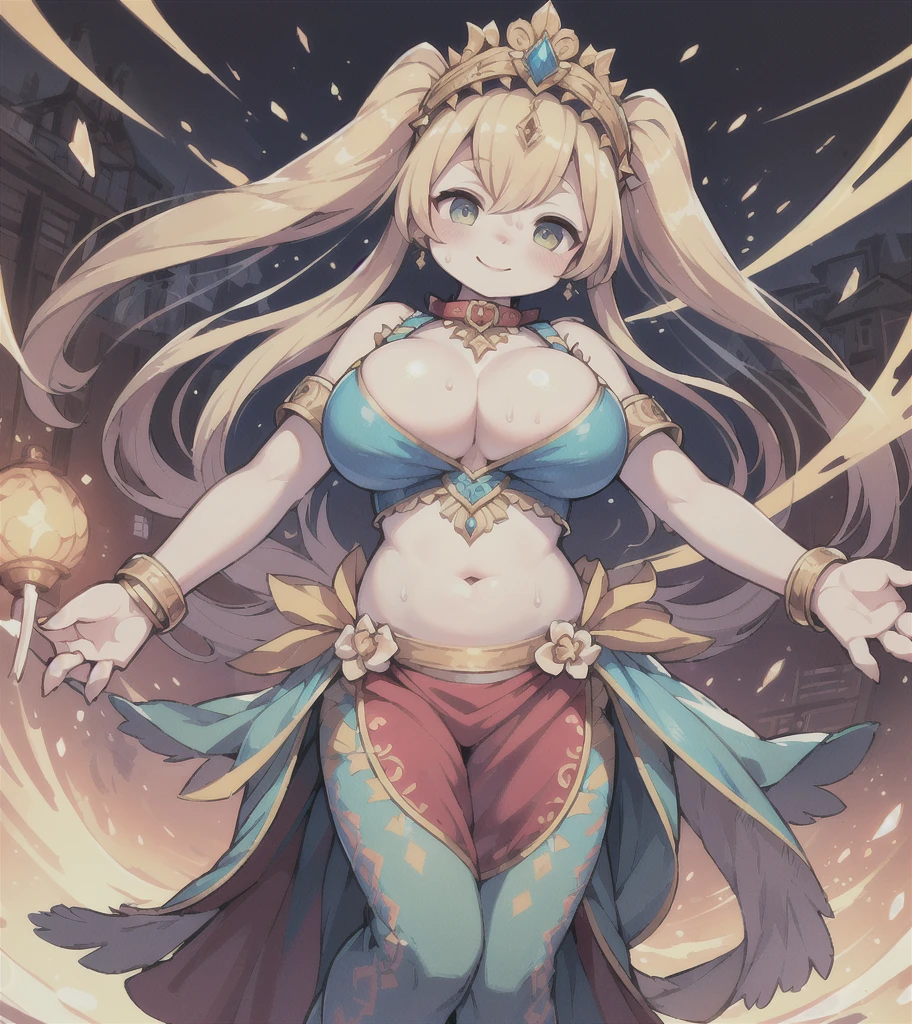 Highest quality, 8k, (One Girl:1.3, Full body portrait),(((Big Breasts:1.1))), (Colorful illustration:1.4), (masterpiece, Highest quality, Official Art), ((Very delicate and beautiful)), ((Gorgeous dancing girl costume、Gold embroidery, Face Veil, See-through harem pants)), ((Smiling dancing girl)), ((Spotlight, Confetti)), (((Fantasy World, Male crowd in the background:1.3, Watching the dancers))), (Sweat flying), (Sexy and dynamic dance), Tavern, (Shining jewels on the waist and chest, bracelet, Decorative collar), ((Twin tails))