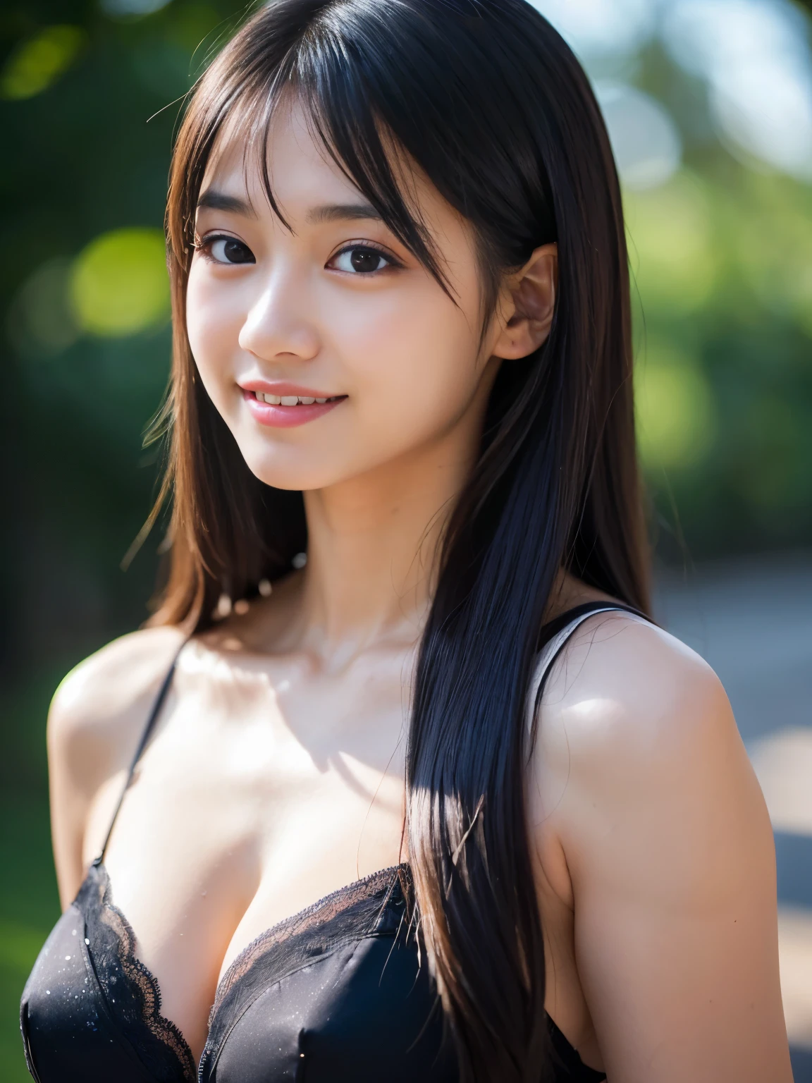 (Best-quality, Masterpiece, Ultra-High-Resolution, (Photorealistic:1.4), Raw Photo, depth of field, professional lighting, perfect anatomy, extremely details), face-focus, portrait, (1girl, (10-years-old), the most famous Japanese idol, attractive smile), ((((extremely beautiful and extremely realistic skins)))), ((extremely attractive face)), (((extremely attractive and extremely big black-eyes))), (extremely beautiful black-long-straight-hair), (extremely beautiful long-eyelashes), (extremely attractive glossy-lips), (extremely attractive cleavage)