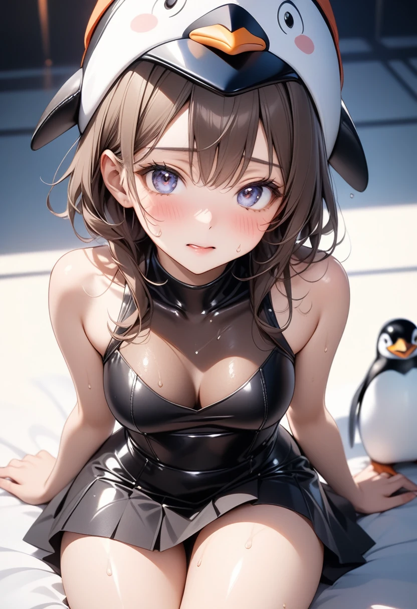 (((((Penguin costumes)), skirt, (((Penguin hat)))))), ((Shiny Costumes)), skindentation, skinny, solo, 1 woman, Masterpiece, highest quality, highest quality, 16K, incredibly absurd, highly detailed, 2.5D, ai-generated, delicate and dynamic, very delicate facial expressions, delicate eye depiction, erotic, only sexy woman, ((A cute and kind face)), healthy figure, ((25-year-old woman)), 160cm tall, medium firm swaying bust, , blush, Sweat,Embarrassed,sexy, ((thin thighs)), (camel toe:0.7), (visible nipples:0.3), (Erect nipples,:0.7), shiny and lustrous, facing straight at viewer, (((in heat))), ((Oily_skin)), ((Lots of sweat)), (((Brown Skin))), ((dutch angle)), ((erotic pose)), (((Collapsed from heat stroke))), ((reclining)),