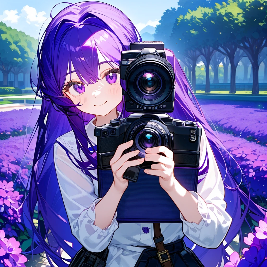 A solo women, With long purple hair, holding a camera, in a violet garden , bust up!!!! Smile