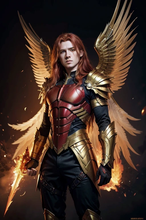((burning wings)) (archangel), man, strong, red-haired, long hair, wearing a golden armor with black details, 8k, epic lighting, photorealistic, best quality