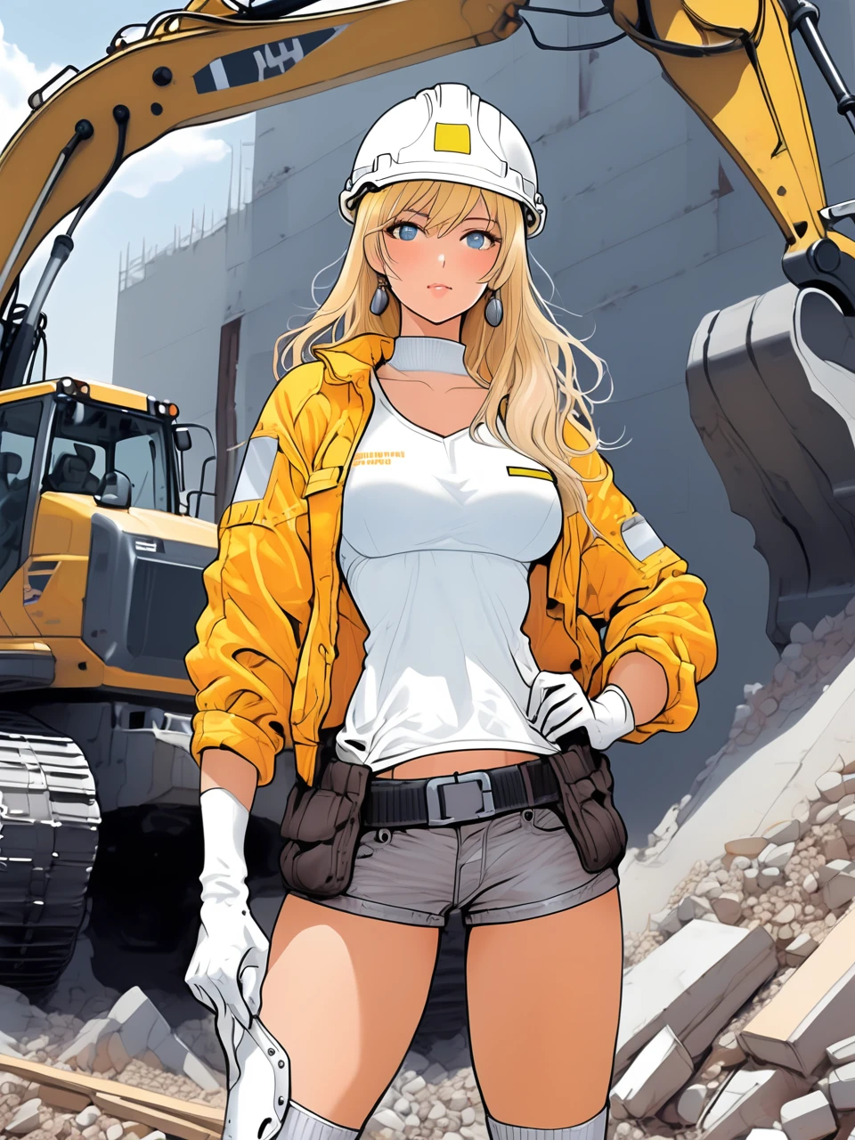 Sexy blonde dressed as a construction worker in a power pose, arms akimbo, posing in front of a massive excavator. She is dressed in safety gear, with a white hard hat and a pair of white short shorts, heavy boots. The excavator looms behind her, its metal frame and bright yellow color contrasting with the gray construction site. Style by Masamune Shirow