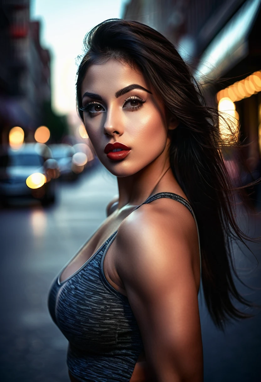 a beautiful young woman with an athletic physique and accentuated curves, with straight dark hair, posing on a busy street, beautiful detailed eyes, beautiful detailed lips, extremely detailed face, long eyelashes, beautiful curvy body, athletic fit, cinematic lighting, high contrast, chiaroscuro lighting, dramatic atmosphere, moody lighting, dramatic shadows, editorial style, fashion photography, high quality photography, glamor photography, sensual portrait, and full body, posing
