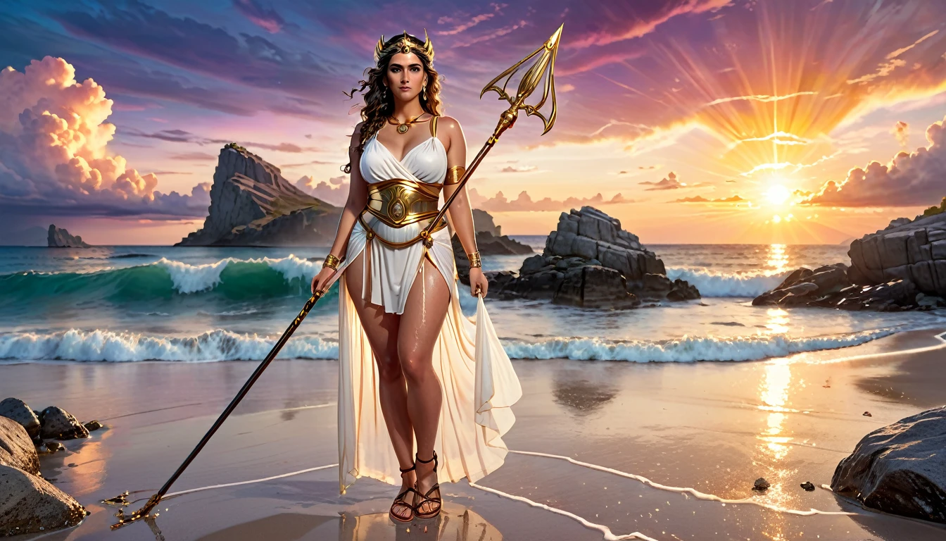 a beautiful busty Greek goddess dressed in a sheer wet toga with a gold belt and leather sandals, holding a trident, standing on a beach at sunset with colorful clouds and rocks in the background, detailed face and body, cinematic lighting, highly detailed, photorealistic, 8k, best quality