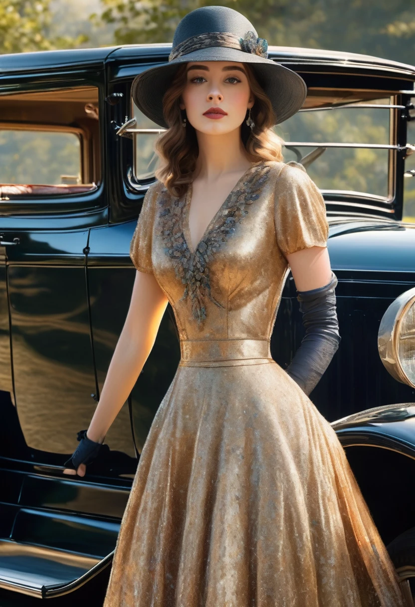 gorgeous, beautiful 19 year old girl in a beautiful dress and hat, near a shiny car from the 1920s, oil painting art, 4K, 3D rendering, evolution, intricate details, masterpiece, hyperrealism