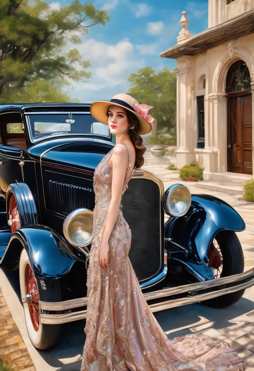 gorgeous, beautiful 19 year old girl in a beautiful dress and hat, near a shiny car from the 1920s, oil painting art, 4K, 3D rendering, evolution, intricate details, masterpiece, hyperrealism
