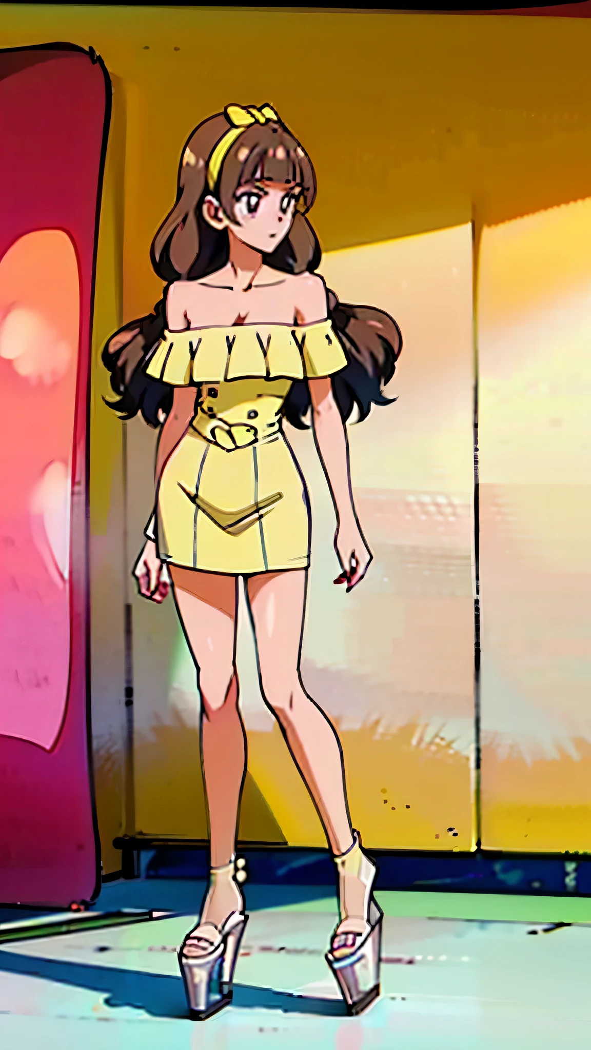 1 girl, (solo), ((amanogawaki)), best quality, highres, high quality, 8k, HD, super detail, anatomically correct, UHD, accurate, (masterpiece:1.2), (high quality:1.0), (ultra detailed), (Front View), (full body view), Brat, (strapless bodycon), Adolescent, Yellow Headband, ((clear platform heels))
