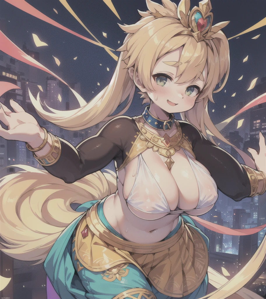 Highest quality, 8k, (One Girl:1.3, Full body portrait),(((Big Breasts:1.1))), (Colorful illustration:1.4), (masterpiece, Highest quality, Official Art), ((Very delicate and beautiful)), ((Gorgeous dancing girl costume、Gold embroidery, Face Veil, See-through harem pants)), ((Smiling dancing girl)), ((Spotlight, Confetti)), (((Fantasy World, Male crowd in the background:1.3, Watching the dancers))), (Sweat flying), (Sexy and dynamic dance), Tavern, (Shining jewels on the waist and chest, bracelet, Decorative collar), ((Twin tails))