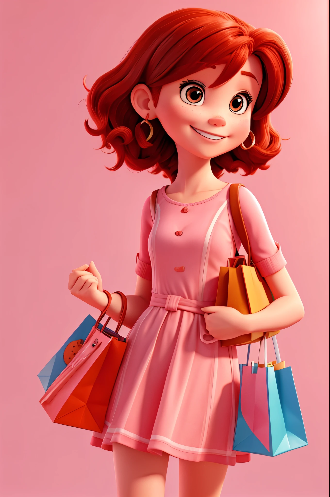 Redhead cartoon style girl, brown eyes smiling, holding shopping bags in hands. Showing excitement about shopping. all pink background