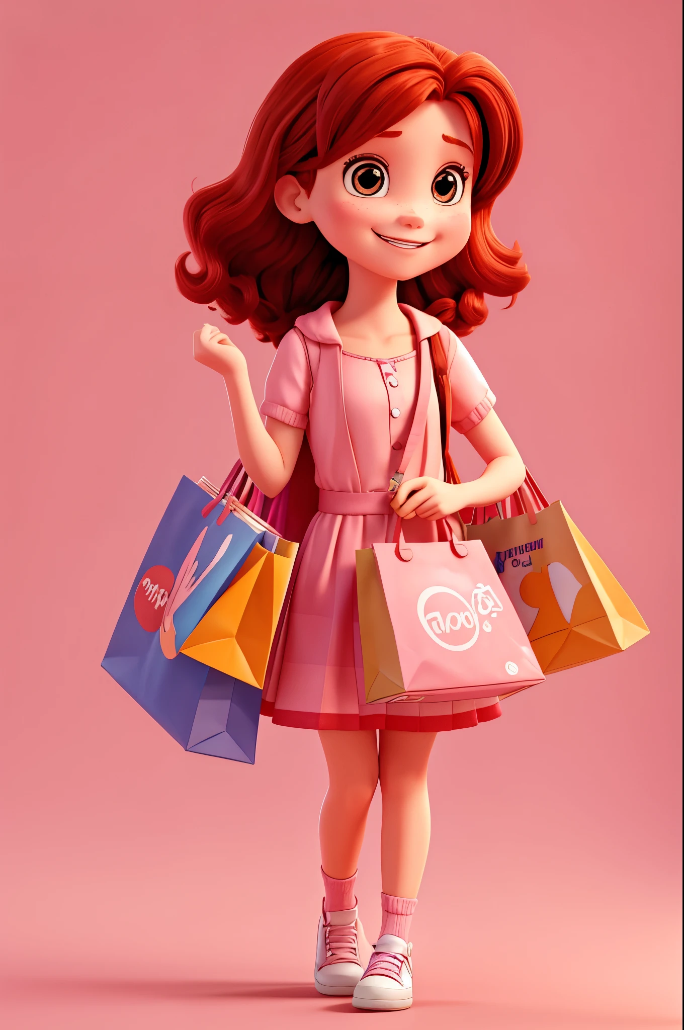 Redhead cartoon style girl, brown eyes smiling, holding shopping bags in hands. Showing excitement about shopping. all pink background