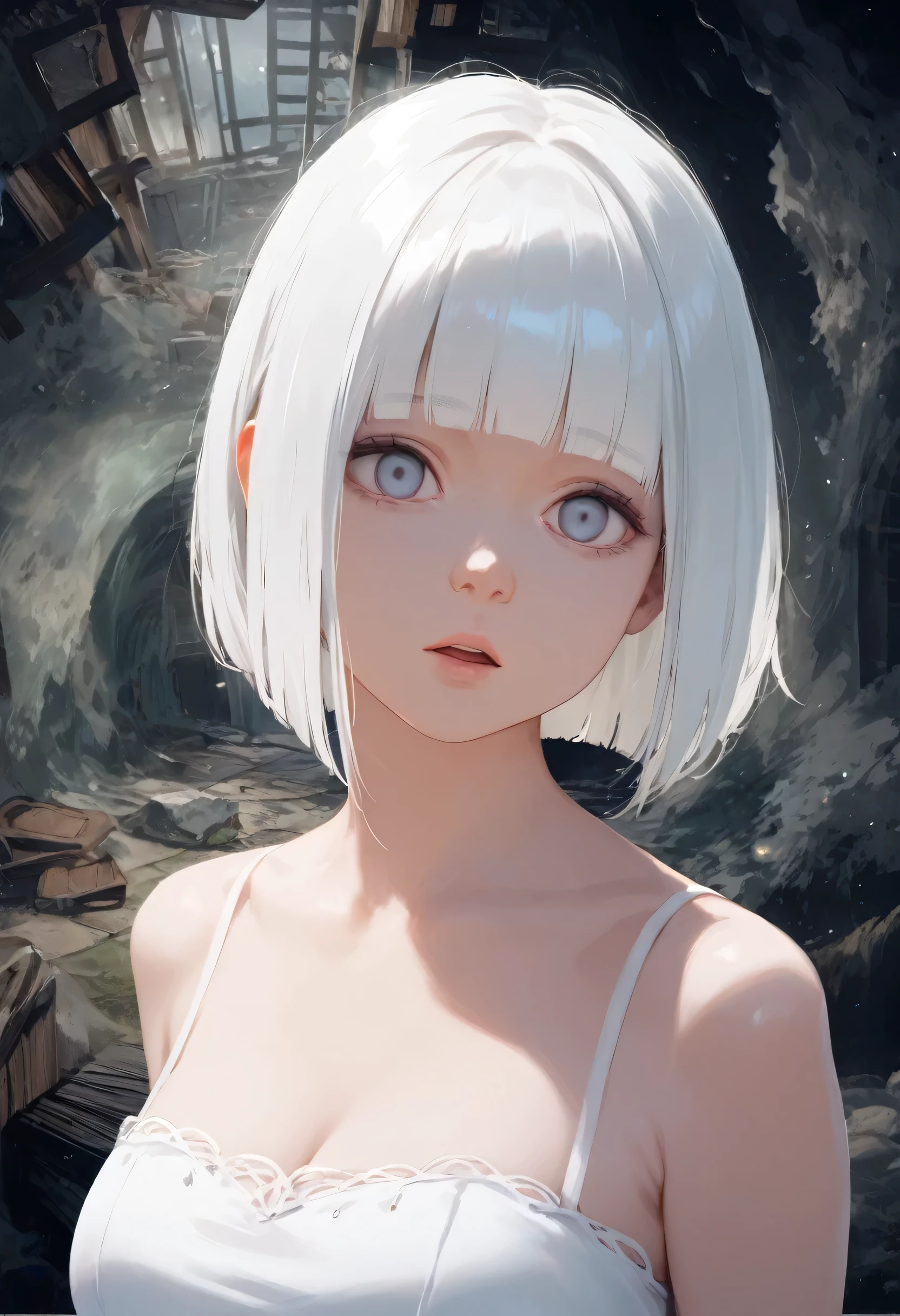 score_9,score_8_up,score_7_up,masterpiece,best quality, source anime, realistic, super detailed, extreme detailed, rating_safe,
1girl, ghostly girl, luminous body, cowboy shot,
short hair, bob cut, (blunt bangs), (large breasts:0.9),
white dress, simple dress, expressionless, empty eyes, open mouth, Abandoned house in Japan, Swirling miasma