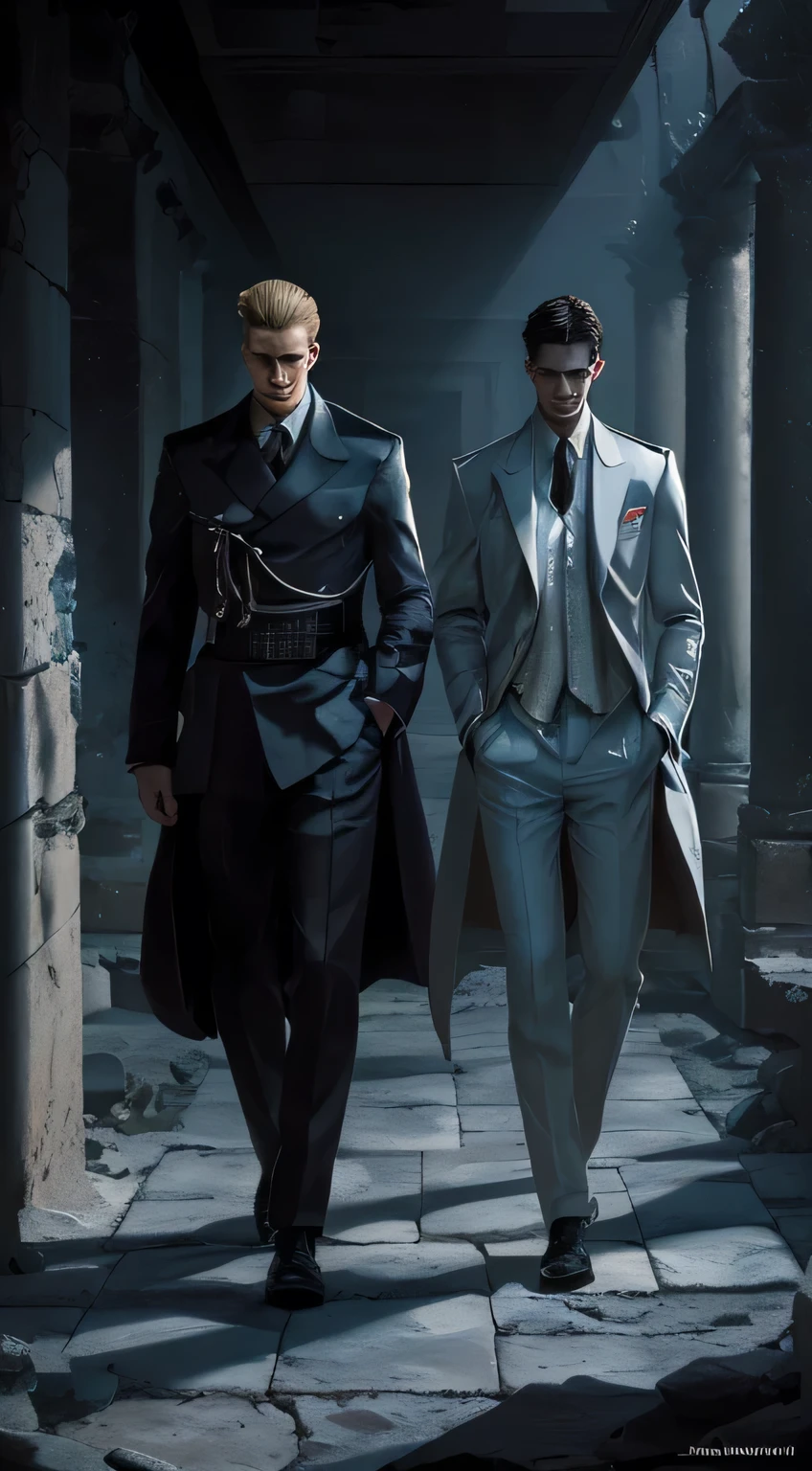 Realistic photography, 8k ,handsome models, A striking and mysterious scene of two tall, well-built male models strolling along a dimly lit corridor in an ancient ruin. 