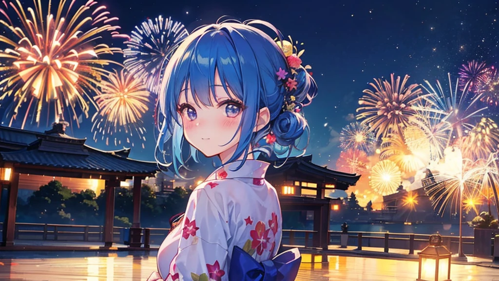 yukata, Scenery of the fireworks display, 1 girl, Bright blue hair, calm expression, right in front、、There are a lot of stalls、(blush:1.2)、smirk、(backlighting:1.4)、(Fantasy:1.2)