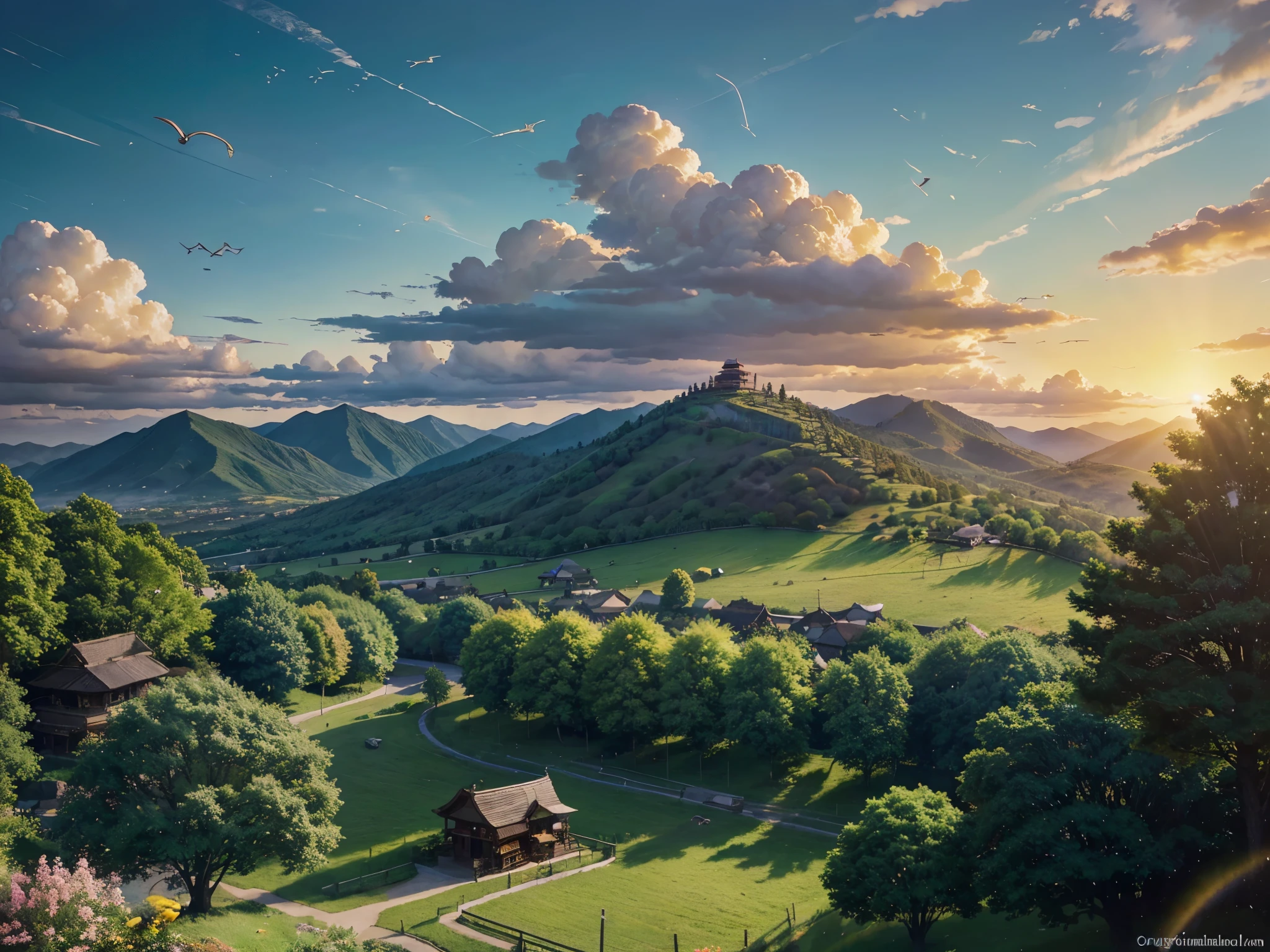 mountains with clouds and trees in the foreground and a sun set, made of trees and a fantasy valley, sky Gate, heaven, birds flying to the sky, anime nature, anime countryside landscape, anime landscape wallpaper, anime landscape, Studio Ghibli sunlight, beautiful puffy clouds. anime, beautiful anime scenery, anime beautiful peace scene, anime background art, anime clouds, Studio Ghibli sky, anime scenery, ross tran. scenic background Add the heavenly gate in the middle, yellow birds and animals flying to the sky, making the entire picture more realistic, greener trees, and a heavenly landscape.