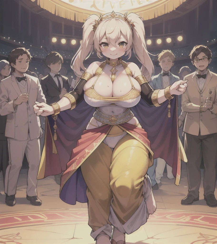 Highest quality, 8k, (One Girl:1.3, Full body portrait),(((Big Breasts:1.1))), (Colorful illustration:1.4), (masterpiece, Highest quality, Official Art), ((Very delicate and beautiful)), ((Gorgeous dancing girl costume、Gold embroidery, Face Veil, See-through harem pants)), ((Smiling dancing girl)), ((Spotlight, Confetti)), (((Fantasy World, Male crowd in the background:1.3, Watching the dancers))), (Sweat flying), (Sexy and dynamic dance), Tavern, (Shining jewels on the waist and chest, bracelet, Decorative collar), ((Twin tails))