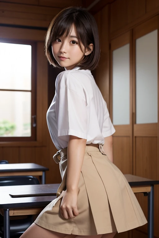 Highest quality, Face Focus, Soft Light, Ultra-high resolution, (Realistic:1.4), RAW Photos, 1 Japanese girl, alone, cute, (A shy smile:0.5), (Brown eyes, Light in your eyes), Beautiful face in every detail, (Small box),(High resolution detail of human skin texture), (Short Bob Hair), break, In the classroom,Navy uniform, Best, skirt、Stick your butt out、I'm sweating、Blonde