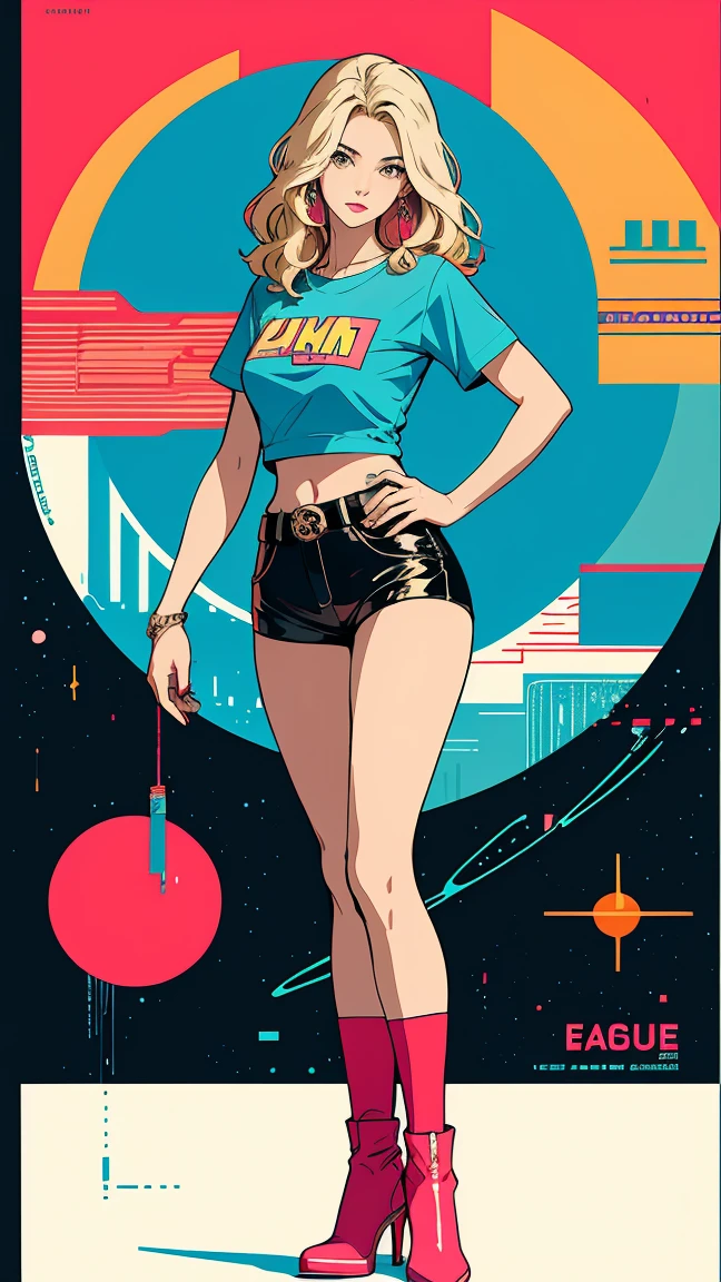 ((masterpiece, Highest quality)), 32K Wallpapers, Very detailed, Poster, Vintage science fiction, 1960s,(((geometric cinematic movie Poster))), (Bauhaus), shape,Abstract, Midcentury Modern, movie Poster, Vintage, Perfect Lady,1970s,Halftone,Speech bubble,(((portfolio,close))), Large Breasts, long hair, Mature girl with tall straight blonde posture, medium neck, wears a plain tight pink short Sleeve u-neck t-shirt, she expose full her midriff, she wears blue leather shorts, she wears pink small boots, she wears a large orange belt with a red heart-shaped buckle, she expose her navel, beautiful midriff, beautiful thigh, long and slim thigh, The pose appears to be facing forward with both hands on her hips, full body
