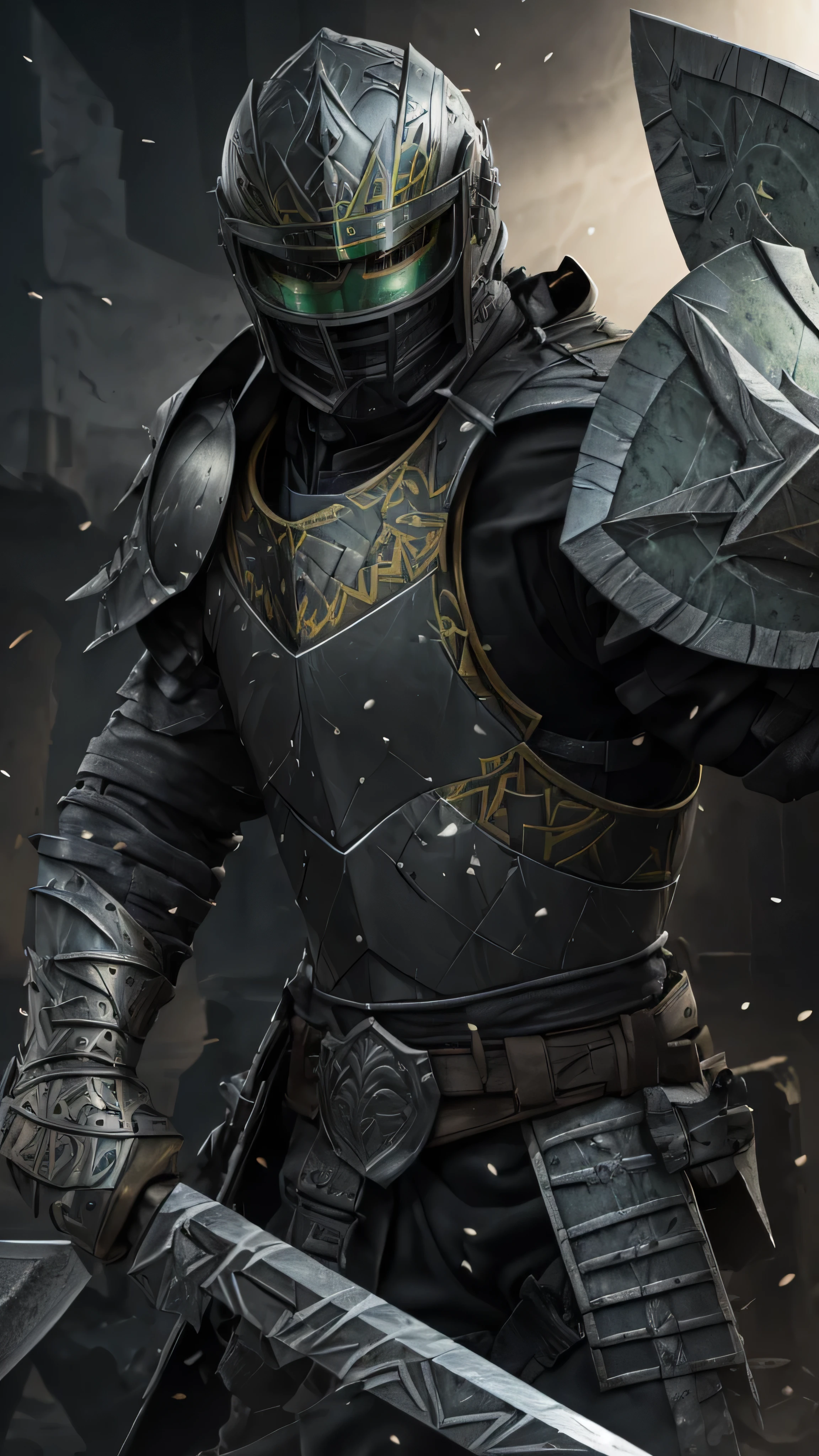 thin warrior, male, dark gray (helmet) covers face, dark gray (armor), plates, yellow patterns, (ax), (big shield), (masterpiece, best quality), (green eyes), (hyper realistic:1.6), ((detailed face)), ((award-winning)), (sharp), (8k resolution), (cinematic lighting)